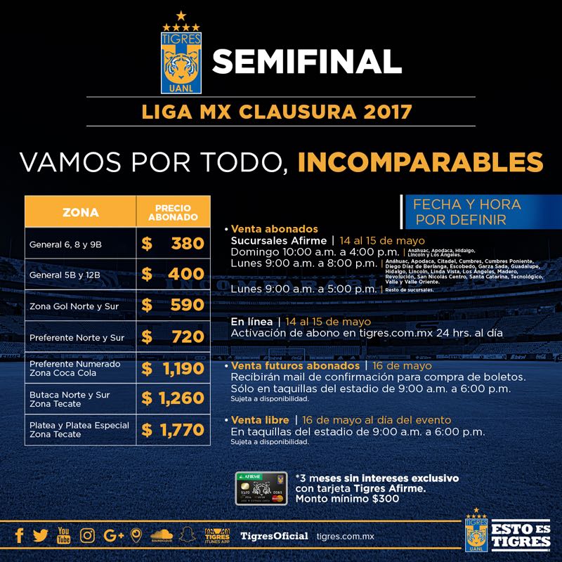 Precio boletos Tigres semifinales clausura 2017 del futbol mexicano